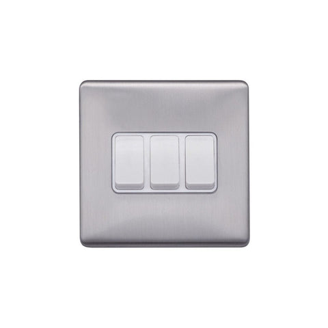 Screwless Brushed Chrome - White Trim - Raised Plate Screwless Raised - Brushed Chrome 10A 3 Gang 2 Way Light Switch - White Trim