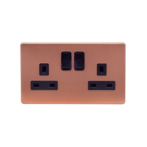 Screwless Raised - Brushed Copper 13A 2 Gang Switched Plug Socket, Double Pole - Black Trim - SE Home