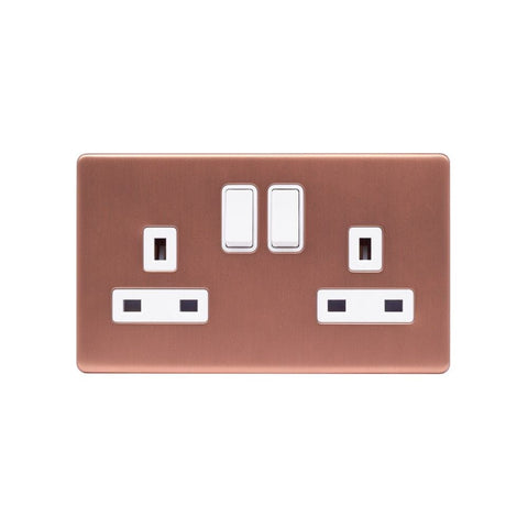 Screwless Brushed Copper - White Trim - Raised Plate Screwless Raised - Brushed Copper 13A 2 Gang Switched Plug Socket, Double Pole - White Trim