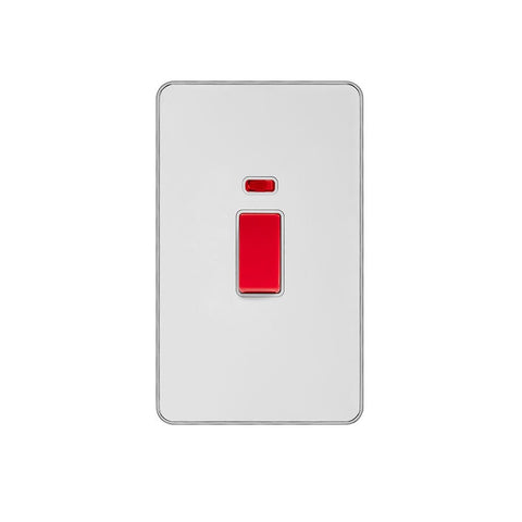 Screwless Fusion White Metal Plate with Chrome Edge 45A 1 Gang Double Pole Switch With Neon, Large Plate White Trim - SE Home