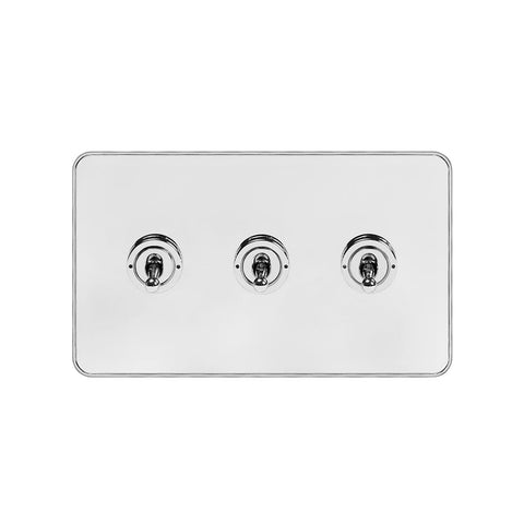 Screwless White and Polished Chrome - White Trim Screwless Fusion White & Polished Chrome With Chrome Edge 20A 3 Gang 2 Way Toggle Light Switch White Trim