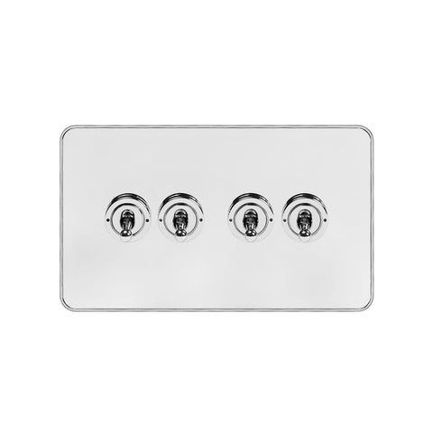 Screwless Fusion White & Polished Chrome With Chrome Edge 20A 4 Gang 2 Way Toggle Light Switch White Trim - SE Home