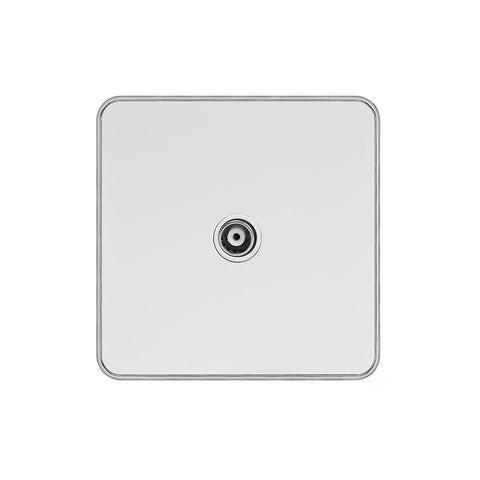 Screwless White and Polished Chrome - White Trim Screwless Fusion White Metal Plate with Chrome Edge 1 Gang TV Socket White Trim