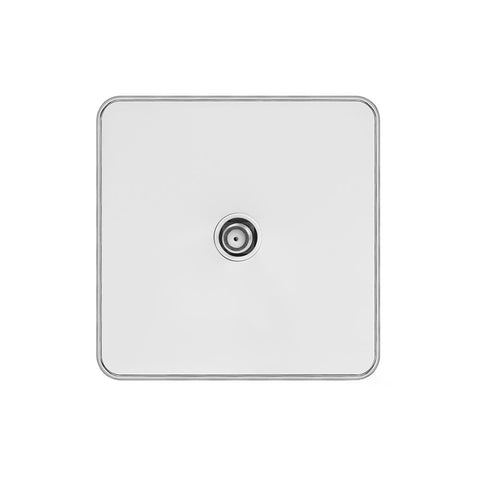 Screwless White and Polished Chrome - White Trim Screwless Fusion White Metal Plate with Chrome Edge 1 Gang Satellite Socket White Trim