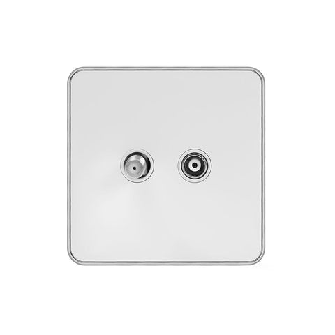 Screwless White and Polished Chrome - White Trim Screwless Fusion White Metal Plate with Chrome Edge TV+ Satellite Socket White Trim