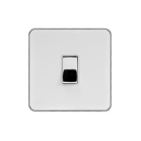 Screwless White and Polished Chrome - White Trim Screwless Fusion White & Polished Chrome With Chrome Edge 20A 1 Gang Double Pole Switch Flex Outlet White Trim