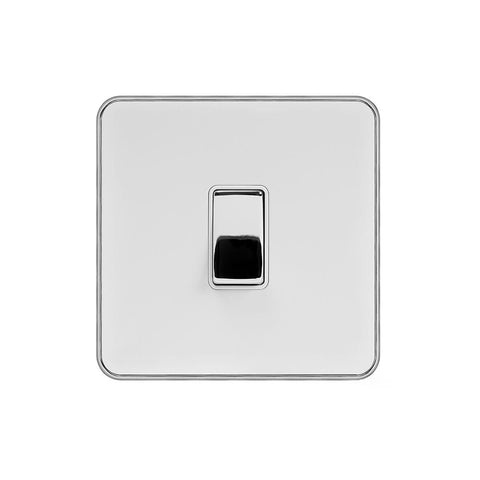 Screwless Fusion White & Polished Chrome With Chrome Edge 20A 1 Gang Double Pole Switch Flex Outlet White Trim - SE Home