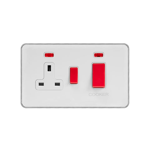 Screwless Fusion White & Polished Chrome With Chrome Edge 45A Cooker Control Unit & Neon White Trim - SE Home