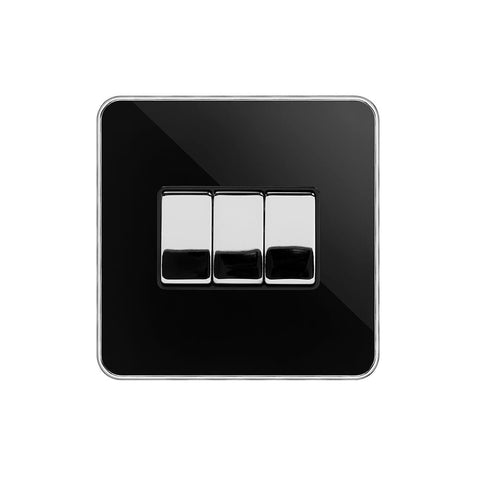 Screwless Black Nickel and Polished Chrome - Black Trim Screwless Fusion Black Nickel & Polished Chrome With Chrome Edge 10A 3 Gang 2 Way Light Switch Black Trim