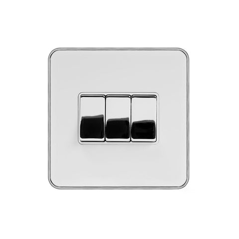 Screwless Fusion White & Polished Chrome With Chrome Edge 10A 3 Gang Intermediate Light Switch White Trim - SE Home