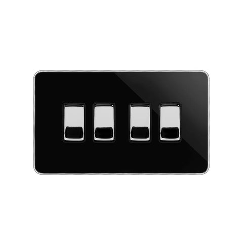 Screwless Black Nickel and Polished Chrome - Black Trim Screwless Fusion Black Nickel & Polished Chrome With Chrome Edge 10A 4 Gang Intermediate Light Switch Black Trim