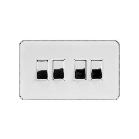 Screwless Fusion White & Polished Chrome With Chrome Edge 10A 4 Gang Intermediate Light Switch White Trim - SE Home