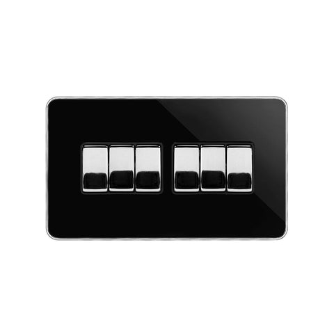 Screwless Black Nickel and Polished Chrome - Black Trim Screwless Fusion Black Nickel & Polished Chrome With Chrome Edge 10A 6 Gang 2 Way Light Switch Black Trim