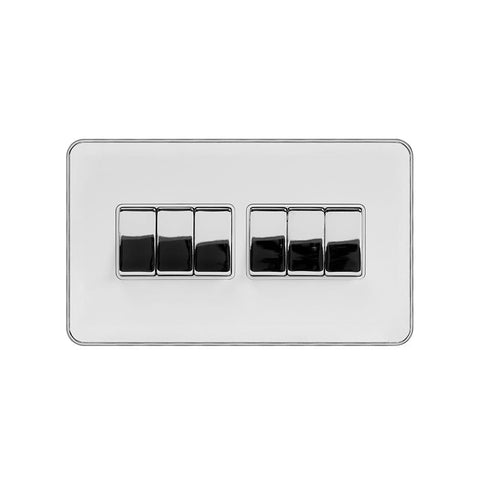 Screwless Fusion White & Polished Chrome With Chrome Edge 10A 6 Gang 2 Way Light Switch White Trim - SE Home