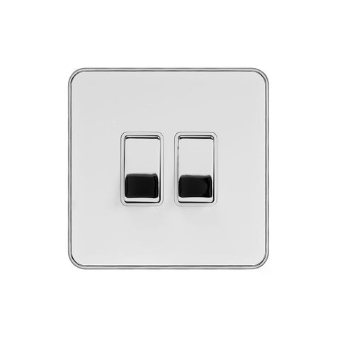 Screwless Fusion White & Polished Chrome With Chrome Edge 10A 2 Gang Intermediate Light Switch White Trim - SE Home