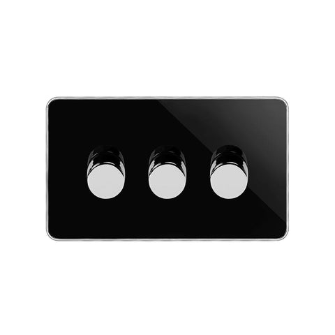 Screwless Black Nickel and Polished Chrome - Black Trim Screwless Fusion Black Nickel & Polished Chrome With Chrome Edge 250W 3 Gang 2 Way Trailing Dimmer Black Trim