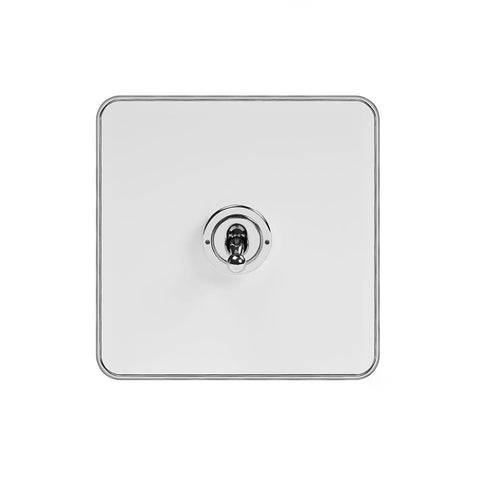 Screwless Fusion White & Polished Chrome With Chrome Edge 20A 1 Gang 2 Way Toggle Light Switch White Trim - SE Home