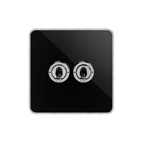 Screwless Fusion Black Nickel & Polished Chrome With Chrome Edge 20A 2 Gang Intermediate Toggle Light Switch Black Trim - SE Home