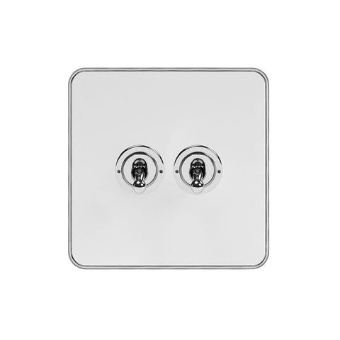 Screwless White and Polished Chrome - White Trim Screwless Fusion White & Polished Chrome With Chrome Edge 20A 2 Gang 2 Way Toggle Light Switch White Trim