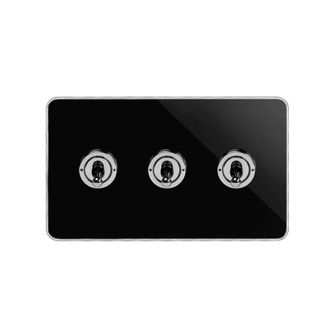 Screwless Black Nickel and Polished Chrome - Black Trim Screwless Fusion Black Nickel & Polished Chrome With Chrome Edge 20A 3 Gang Intermediate Toggle Light Switch Black Trim