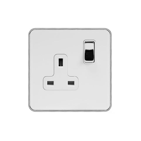 Screwless White and Polished Chrome - White Trim Screwless Fusion White & Polished Chrome With Chrome Edge 13A 1 Gang Switched Plug Socket, Double Pole White Trim