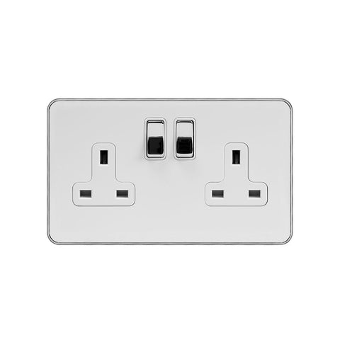 Screwless Fusion White & Polished Chrome With Chrome Edge 13A 2 Gang Switched Plug Socket, Double Pole White Trim - SE Home