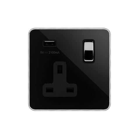 Screwless Black Nickel and Polished Chrome - Black Trim Screwless Fusion Black Nickel & Polished Chrome With Chrome Edge 13A 1 Gang Double Pole USB Plug Socket (USB 2.1amp) Black Trim