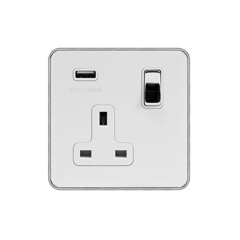 Screwless White and Polished Chrome - White Trim Screwless Fusion White & Polished Chrome With Chrome Edge 13A 1 Gang Double Pole USB Plug Socket (USB 2.1amp) White Trim