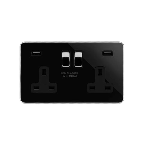 Screwless Fusion Black Nickel & Polished Chrome With Chrome Edge 13A 2 Gang Double Pole USB Plug Socket (USB 4.8amp) Black Trim - SE Home