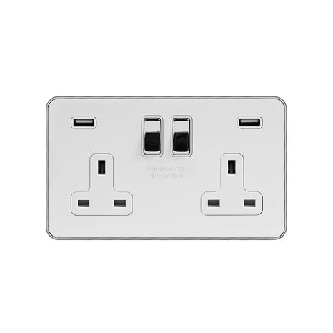 Screwless White and Polished Chrome - White Trim Screwless Fusion White & Polished Chrome With Chrome Edge 13A 2 Gang Double Pole USB Plug Socket (USB 4.8amp) White Trim