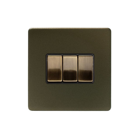 Screwless Bronze - Black Trim - Slim Plate Screwless Bronze 10A 3 Gang Intermediate Light Switch