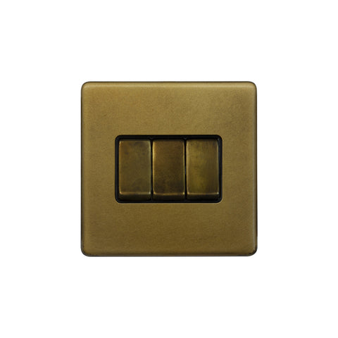 Screwless Old Brass 10A 3 Gang Intermediate Light Switch - SE Home