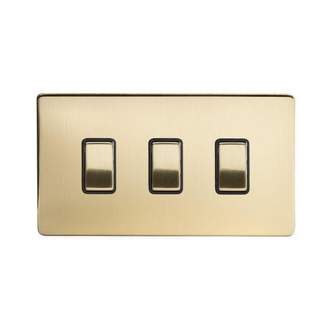 Screwless Brushed Brass - Black Trim - Slim Plate Screwless Brushed Brass 3 Gang Intermediate Double Plate Light Switch - Black