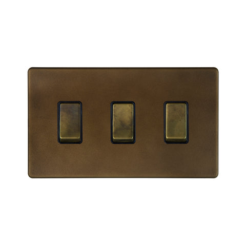 Screwless Vintage Brass 3 Gang Switch Double Plate 2 Way
