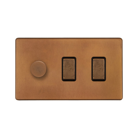 Screwless Antique Copper 3 Gang Light Switch with 1 dimmer (2x 2 Way Switch & Trailing Dimmer) - SE Home