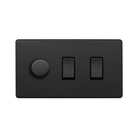 Screwless Matt Black 3 Gang Light Switch with 1 dimmer (2x 2 Way Light Switch & Trailing Dimmer) - SE Home