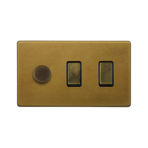 Screwless Old Brass 3 Gang Light Switch with 1 dimmer (2x 2 Way Light Switch & Trailing Dimmer) - SE Home