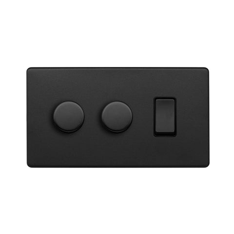 Screwless Matt Black 3 Gang Light Switch with 2 Dimmers (2 Way Light Switch & 2x Trailing Dimmer) - SE Home