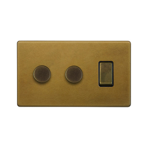 Screwless Old Brass 3 Gang Light Switch with 2 Dimmers (2 Way Light Switch & 2x Trailing Dimmer) - SE Home