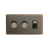 Screwless Antique Brass 3 Gang Light Switch with 2 Dimmers (2 Way Switch & 2x Trailing Dimmer)