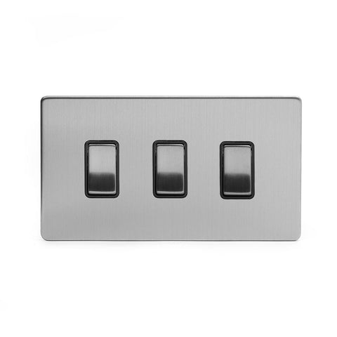 Screwless Brushed Chrome 3 Gang Switch Double Plate - SE Home