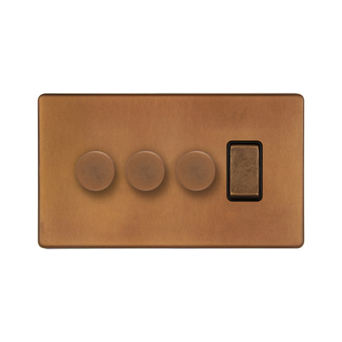 Screwless Antique Copper 4 Gang Switch with 3 Dimmers (3x150W LED Dimmer 1x20A Switch)