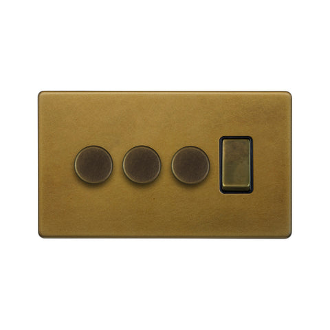 Screwless Old Brass 4 Gang Switch with 3 Dimmers (3x150W LED Dimmer 1x20A Switch) - SE Home