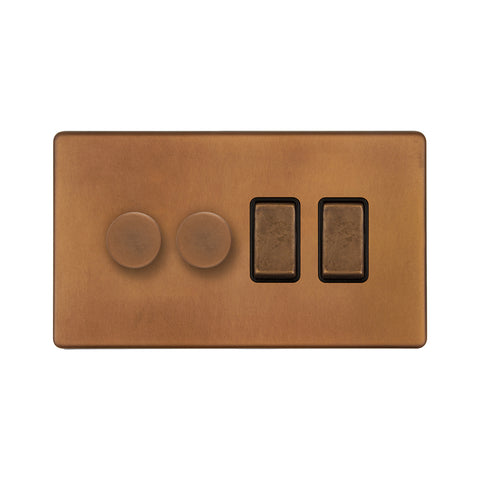 Screwless Antique Copper 4 Gang Switch with 2 Dimmers (2x150W LED Dimmer 2x20A Switch)