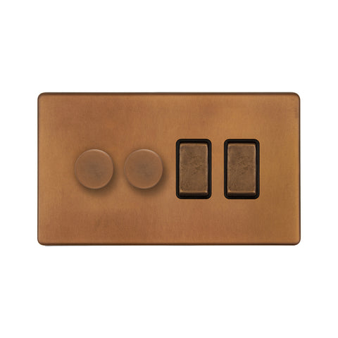 Screwless Antique Copper 4 Gang Switch with 2 Dimmers (2x150W LED Dimmer 2x20A Switch) - SE Home