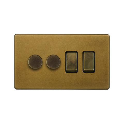 Screwless Old Brass 4 Gang Switch with 2 Dimmers (2x150W LED Dimmer 2x20A Switch) - SE Home