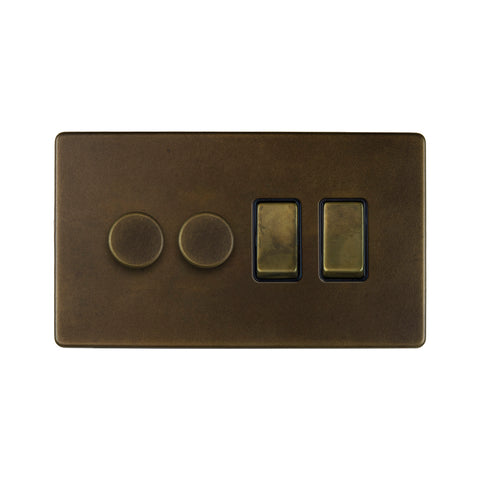 Screwless Vintage Brass 4 Gang Switch with 2 Dimmers (2x150W LED Dimmer 2x20A Switch) - SE Home