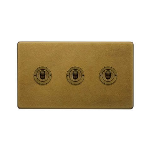 Screwless Old Brass 3 Gang 2 Way Toggle Light Switch - SE Home