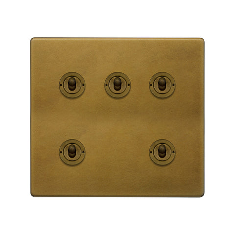 Screwless Old Brass 5 Gang Toggle Light Switch 20A 2 Way - SE Home