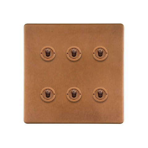 Screwless Antique Copper 6 Gang Toggle Light Switch 20A 2 Way - SE Home
